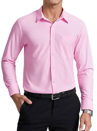 Enlision Camicie Uomo Manica Lunga No Stiro Rosa Taglio Regolare con Bottoni Camicia Che Non Si Stropiccia Uomo Elasticizzata Business Ufficio Formale con Tasca XL