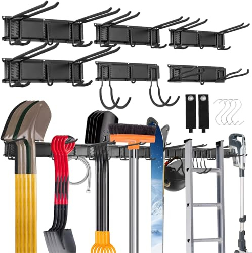 Sinoer Portautensili da garage a parete, supporto metallico per attrezzi da giardino, porta attrezzi, porta attrezzi da giardino, ganci per scope, 96 pollici, 18 ganci