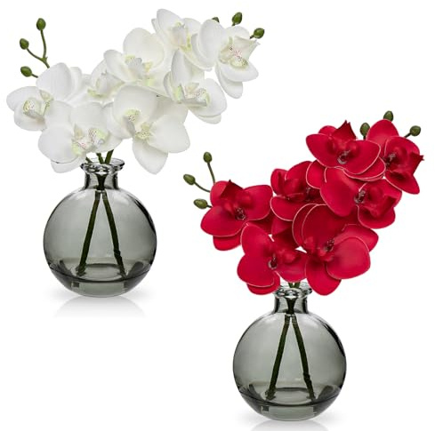 Hollyone 2pcs Artificial White Red Orchid Flower in Vase, Small Fake Orchid Plant with Glass Vase, Decorative Faux Phalaenopsis for Wedding, Centerpiece, Home Decor, Bathroom Decorations