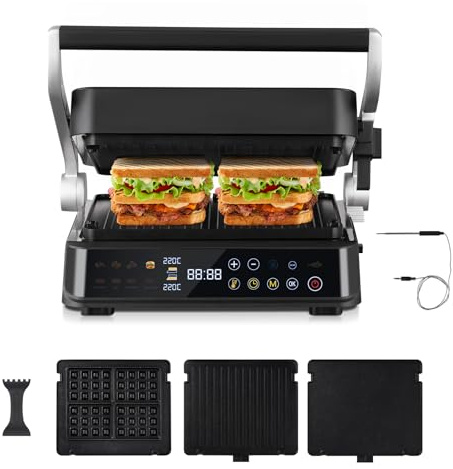 AMZCHEF XL Grill de Contacto 4-en-1 con Sensor de Temperatura & GrillBoost 280 °C – Parrilla eléctrica 2000 W con 6 programas, 2 zonas, 4 placas antiadherentes – Bistec, Gofres, Paninis, Sándwiches