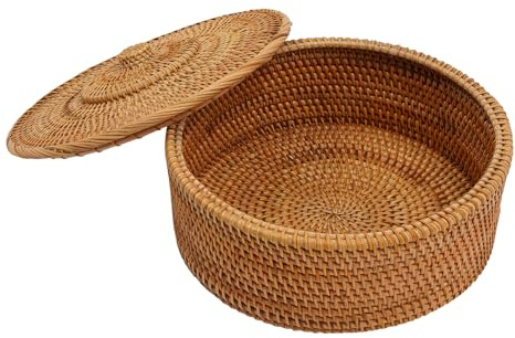 Cesta redonda de ratán con tapa, cesta tejida de ratas, cesta de tortilla, cesta trenzada hecha a mano para pan, verduras, frutas, aperitivos (30 x 13 cm)