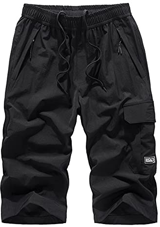 MakingDa Pantaloncini lunghi da uomo a 3/4 sotto il ginocchio, casual, sport, lunghezza a tre quarti, elastico in vita, multi tasche, Nero , XXL