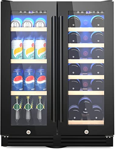 TANGZON Double Door Dual Zone Beverage Wine Fridge, Auto Defrost Drinks Refrigerator with Safety Locks, Removable Shelves, Adjustable Feet & LED Lights, 57 Cans 18 Bottles Display Cooler (Black)