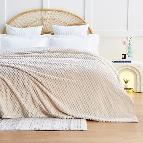 EXQ Home Fleece Blanket Queen Size for Bed or Couch - 3D Imitation Turtle Shell Jacquard Decorative Blankets - Cozy Soft Lightweight Fuzzy Flannel Blanket Suitable for All Seasons(90×90,Beige)