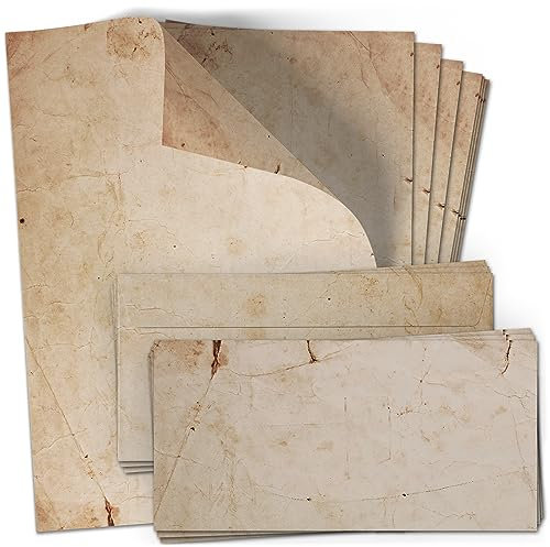 10 Briefpapier mit Briefumschlag SET | Vintage Beige Braun Altes Papier | Papier und Umschlag mit Design-Motiv bedruckt | 90 g/m²