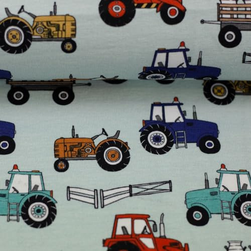 Baumwolljersey THEO – Traktoren-Motiv für Jungen – Jersey Stoff Meterware ab 50 cm – Öko-Tex Standard 100 – elastisch & weich – ca. 160 cm breit – 3 Farben (mint)