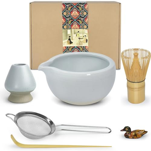Artcome Matcha Ceremony Kit for Japanese Tea Ceremony, Bowl with Pouring Spout, Whisk, Tea Scoop, Matcha Powder Strainer, Matcha Tea Set for Making Usucha, Koicha and Matcha Latte (Cyan)