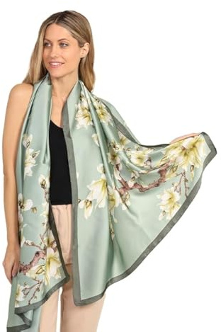 Trillion London® Seidenschal für Damen | Leichte Damenschals | Schals | Kopftuch | Geschenke für Damen | Designerdrucke | Alltagskleidung | Geschmeidig und weich | Blumendruck | Grün