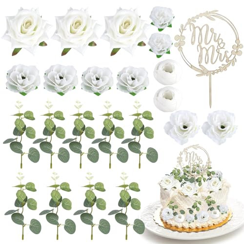 XIEJ Lot de 23 décorations de gâteau de mariage avec feuilles d'eucalyptus Mr & Mrs - Décoration de gâteau de mariage - Décoration de gâteau pour fête d'anniversaire - Blanc