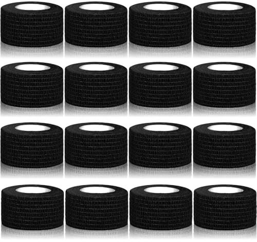 SaiXuan 16 Rotoli di Benda Elastica Autoadesiva, Alta Elasticità, Traspirante e Morbida, per Infortuni Sportivi, Primo Soccorso, Cura degli Animali, Fissaggio Antiscivolo, 2.5 cm x 4.5 m (Nero)