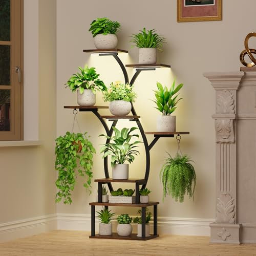 POZILAN Blumenständer mit Licht, 120 cm, 8 Ebenen Pflanzenregal aus Holz und Metall, Blumenständer für Ausstellungen, Plant Stand Indoor für Terrasse, Garten, Balkon, Wohnzimmer