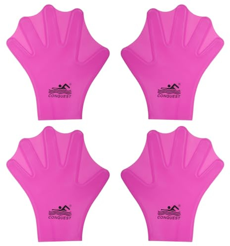 PATIKIL 9 x 8 Inch Silicone Swimming Gloves, 2 Pair Webbed Swim Gloves Unisex Full Finger Water Resistance Training Gloves for Adult Aquatic Training, Rose Red