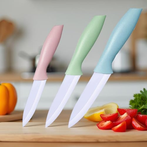 Zhiyun 3 Pieces Ceramic Knife Set, 3-Inch 4-Inch 5-Inch Colorful Knife Set with Sheaths Covers and Ergonomic Handle,Use for Meat Fruit Vegetable Bread and Butter (Pink Green Blue)