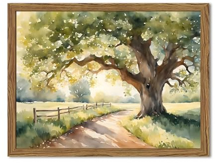 Framed Vintage Tree Landscape Wall Art, Watercolor Country Road Nature Wall Decor Paintings, Rustic Countryside Pictures Canvas Prints Aesthetic Home Decor for Living Room Bedroom Bathroom 8x10 inch