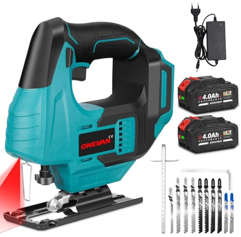 ONEVAN Puzzle sans fil 18V avec 2 batteries-Puzzle sans fil sans balais 450W, profondeur de coupe de 55mm, éclairage LED Lame de scie de remplacement sans outil