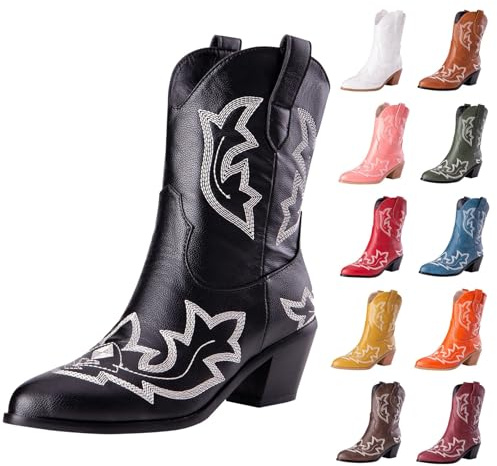 Stivali da donna a metà polpaccio da cowboy western, classici vintage, ricamati, tacco a blocco, in pelle PU, stivali da donna in stile country equitazione western scarpe da sposa, Nero , 40 EU