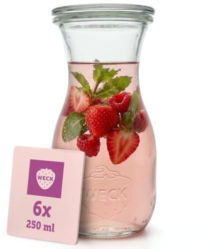 Weck Glasflaskor 290 ml – set om 6 – drickflaska av glas med glaslock för fyllning – som vattenflaska, glaskaraff med lock eller för konservering och gåva