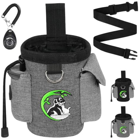 Adiwo Leckerlitasche für Hunde, Hunde Leckerlibeutel und Training-Clicker, wasserdichte Freihändige Hundeleckerlitasche mit Kotbeutelspender Mehreren Taschen, Gürteltasche für Hundespaziergang, Grau