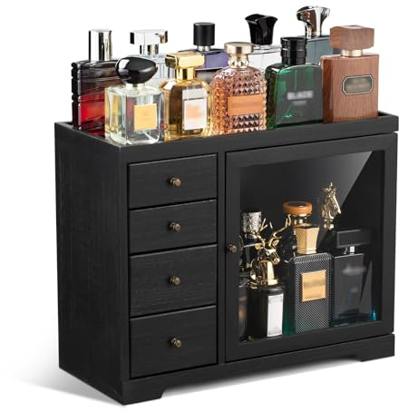 Emfogoo Organizador de perfume, soporte de perfume de madera para hombre con cajón, estante para perfume con tapa transparente visible, caja de almacenamiento premium para fragancias, cosméticos y