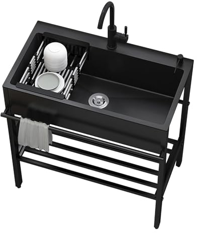 Lavandino autoportante in acciaio inox a vasca singola Lavandino da esterno con ripiano portaoggetti Rubinetto per acqua calda e fredda nero ideale per uso commerciale e ristorante (dimensioni: 68)
