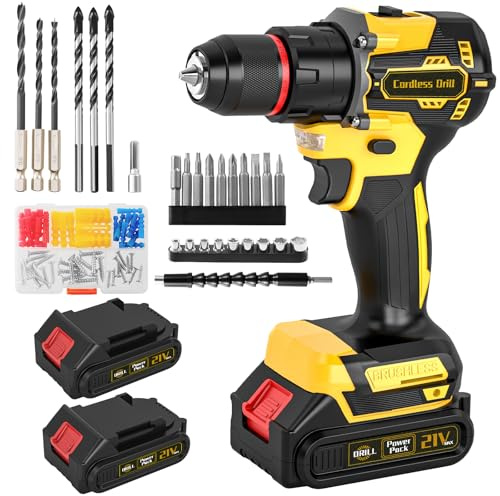 Brushless Cordless Hammer Drill Set, 21V Impact Drill Driver and Screwdriver Set with 2 Batteries, 25+3, 10mm Heave Duty DrillChuck, 2 Speed Power Combi Battery Drill Set with 87 Accessories for DIY