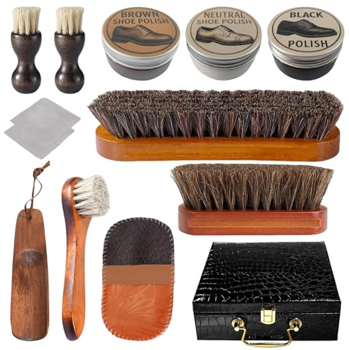 Kit de cirage de chaussures avec kit d'entretien du cuir de luxe 13 pièces, kit de cirage de chaussures, ensemble de brosses à chaussures pour cuir marron et noir avec brosse de voyage, cadeau pour