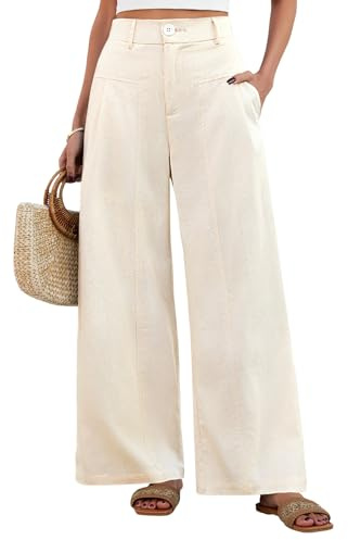 Fashora Pantalon Femme Été Lin Pantalons Taille Elastique (Beige, L)