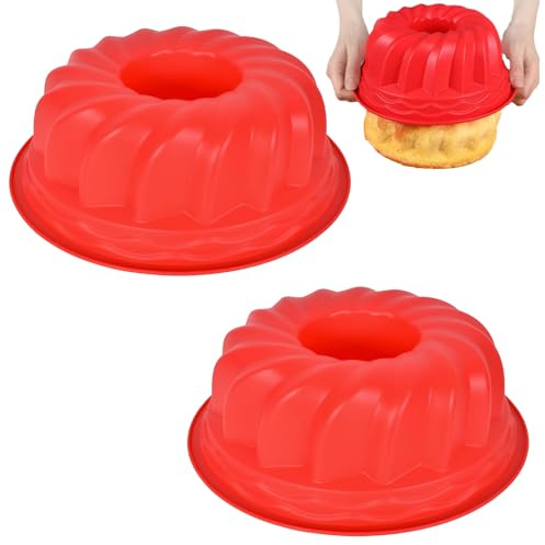 FuYelng 2 Piezas Molde Bizcocho Savarín Hondo Silicona 23 × 10 cm, Molde Cake Antiadherente Rojo Resistencia a Altas Temperaturas, para Reposteria Pan Mousse Donas Etc