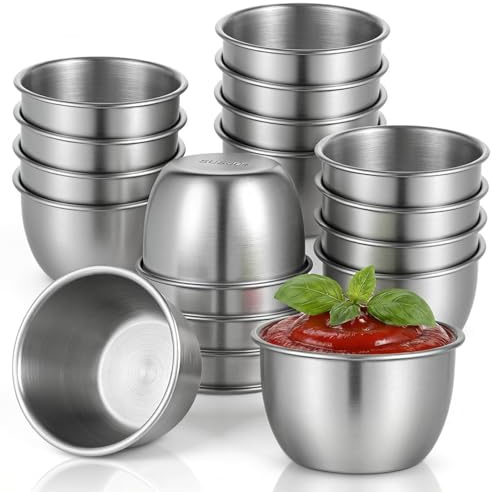 EupHHonycs 16 Pcs Stainless Steel Dipping Sauce Cup Mini Saucers Plates Reusable Metal Condiment Cups Ramekin Sauce Dipping Bowl for Prep Ramekins Kitchen Party Supplies, Silver 2.5 oz/75ml