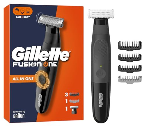 Gillette Fusion One Recortadora De Barba Y Afeitadora Corporal, Barbero Todo En Uno Para Cara Y Cuerpo, Cabezal Pivotante, 4 Peines, Resistente Al Agua, Inalámbrica, 45 Min De Uso, Recorta y Afeita