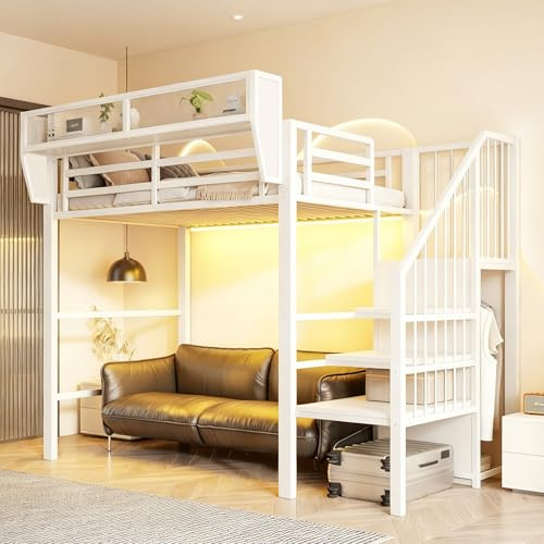Merax Lit mezzanine 90x200 cm avec barre lumineuse LED, échelle de sécurité et espace de rangement flexible, lit métallique pour adultes, lit superposé peu encombrant pour enfants et adultes, Blanc