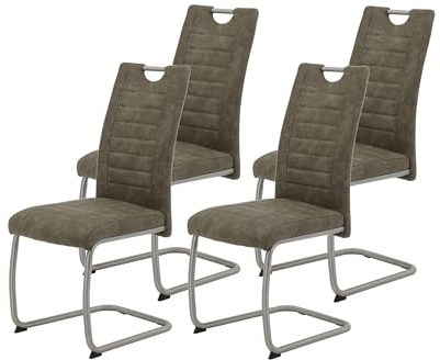 Hela Tische, 4er Set Esszimmerstuhl Ulla, Bezug Microfaser Vintage-Optik Schlamm, Metallgest. Rundrohr Edelstahl (echt)