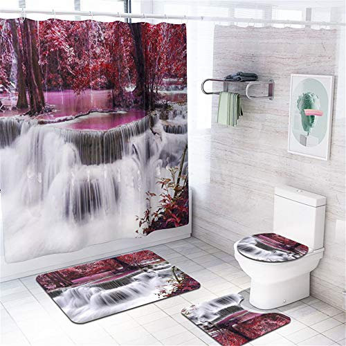 Enhome Juego de 4 Piezas de Alfombra de baño Antideslizante + Tapa de Inodoro + Alfombrilla de baño + Cortina de Ducha, Impresión de paisajes Naturales (Cascada)