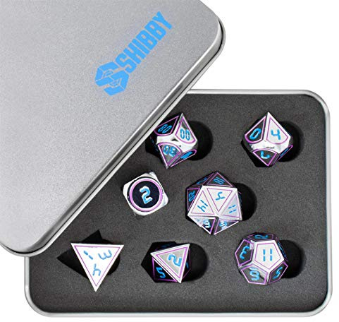 shibby 7 polyedrische Metall-Würfel für Rollen- und Tabletopspiele in Digital Optik D2 inkl. Aufbewahrungsbox