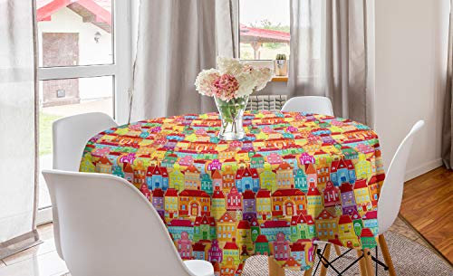 ABAKUHAUS Cityscape Cartoons Round Tablecloth, European Architecture Art Houses with Pillars Fountains Urban View, Circle Table Cloth Cover for Dining Room Kitchen Decoration, 60, Multicolor