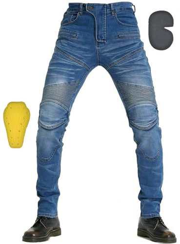 SHUOJIA Jeans Da Uomo Per Motociclismo, Con 4 Cuscinetti Protettivi Rimovibili, Pantaloni In Denim Da Moto, Pantaloni Da Corsa Professionali Traspiranti Estivi (Blue,XL)