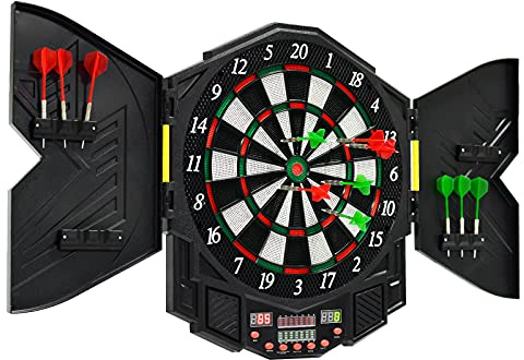 GYMAX Electronic Dart Board Set, Professional Hanging Dartboard with 12 Soft Tip Darts, Cabinet and LED Display, Aileron Target Dartboards for Kids Adults