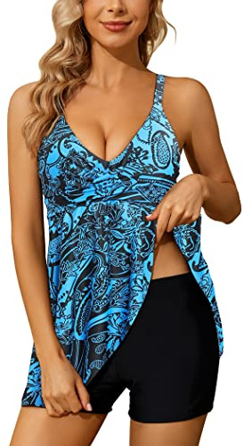 CheChury Tankinis Mujer Traje de Baño Dos Piezas Flores Impresión Conjunto de Bañadores V Neck Mujer Tallas Grandes Swimsuit Vestido Bikini Push up Conjunto Boyshort Control de Barriga Ropa de Playa