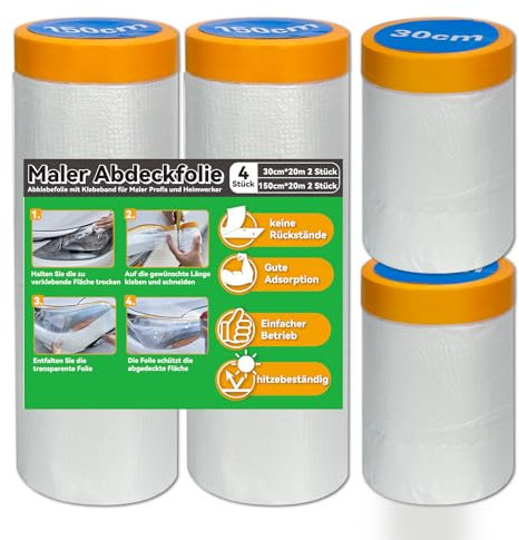 Birllaid 80m Abdeckfolie mit klebeband abklebeband mit folie 4er Set 30cm X 20m 2 Stück;150cm X 20m 2 Stück Maler Abdeckfolie abklebeband mit folie Innen u. Außen