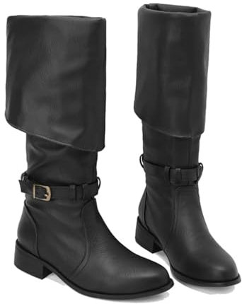 KUHAOFEU Femmes Moto Genou Haute Bottes Plat Bas Talon Slouchy Boot Réglable Boucles Biker Bottes D'équitation,Noir,40 EU