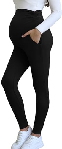 Bearsland dam maternity leggings med ficka över stötar förebyggande mjuk belly support yogabyxor, svart, L