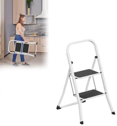 UISEBRT Stegstege vikbar 2 steg – hushållsstege av stål, halkfria slitbanor, säkerhetslås, kan belastas på 150 kg, vikstege för kök, verkstad, kontor, vit-svart
