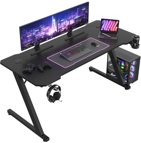 JUMMICO Gaming Table Gaming table with cup holder and headset holder, 2 professional cable management holes, carbon fiber table top, black metal frame 140x60 cm