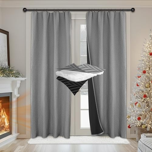 PLODAXE Thermovorhang Kälteschutz Kräuselband 2er Set, Verdickung Wärmeschutzvorhang, Verdunklungsvorhänge Wärmeisolierend Gegen Kälte für Schlafzimmer Wohnzimmer(H175xB140cm,Grau 2-teilig)
