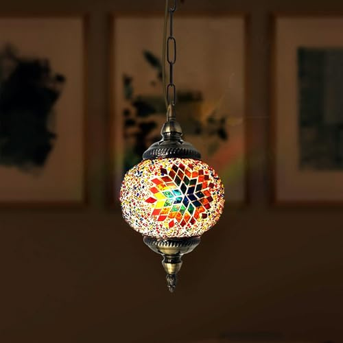 DC VOLTAGE Handmade Turkish Mosaic Pendant Lamp Moroccan Style Ceiling Lantern with Colourful Glass Globe and Chain Suspension for Living Room Bedroom and Hallway (with Out Bulb)