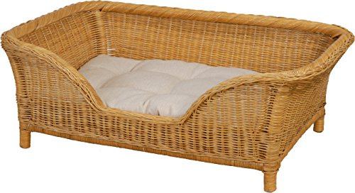 Großer Rattan Hundekorb geflochten Hundebett Rattan Korb Hund Hundecouch hoch mit Kissen (Honig)