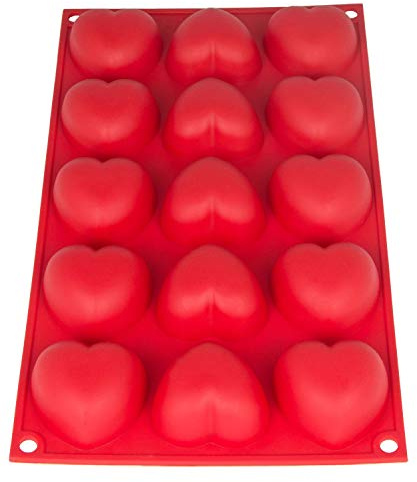 BlueFox Silikonform mit Herzen groß für Muffins, Herzbackform, 15 Herzchen, Backform, Muffinform Herz, Eiswürfel, 29cm x 17,5cm x 3cm, Kuchen, Muffincups, Schokolade, Seife, Farbe: Rot