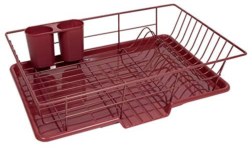 Sweet Home Collection Dish Rack Drainer 3 Piece Set with Drying Board and Utensil Holder, Metal, Plasic, Burgundy
