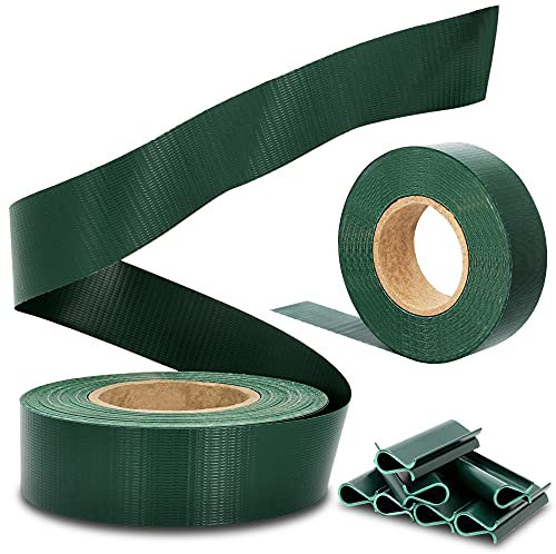 Medas Professional PVC Sichtschutzstreifen Zaunsichtschutz 35 m x 4,75 cm Grün + 20 Befestigungsclips GRATIS | Doppelstabmattenzaun Zaunfolie Blickdicht Windschutz Zaun Sichtschutz Rolle Gartenzaun