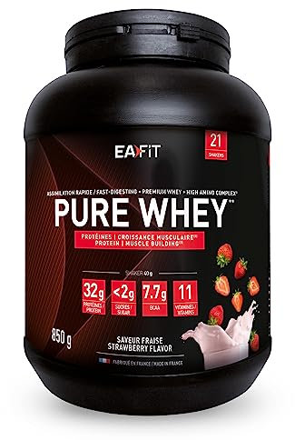 EAFIT Pure Whey Fraise | Protéine | 32g de protéines Whey+7,6g de BCAA/shaker+magnesium | Musculation, Maintien et construction de la masse musculaire| Whey protein pour le sport | 850g
